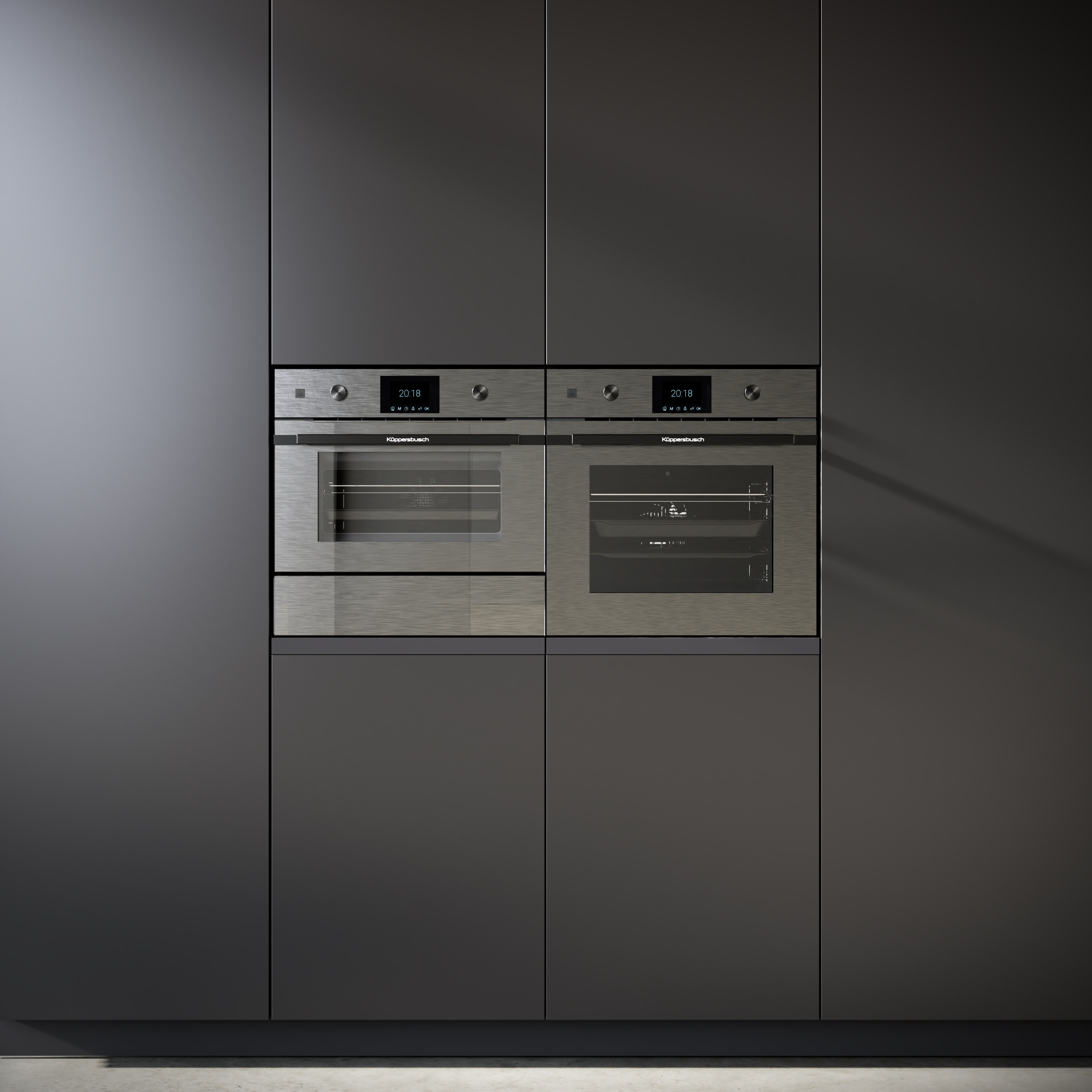 Küppersbusch Graphite-Line Einbaugeräte in mattgrauem Küchenhochschrank