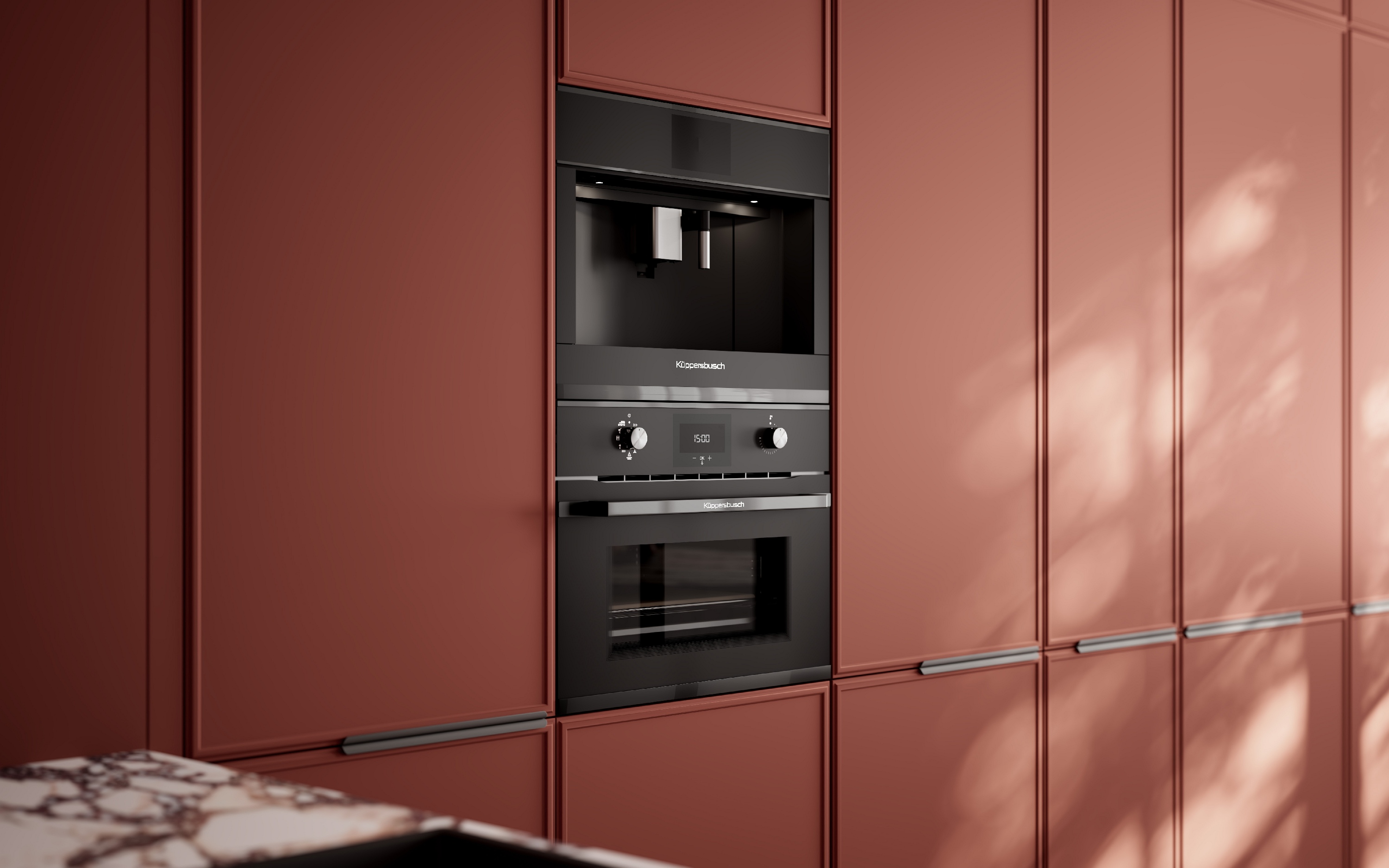 Küppersbusch Black Chrome Einbau Kaffeevollautomat Backofen onixrote grifflose Küchenfronten