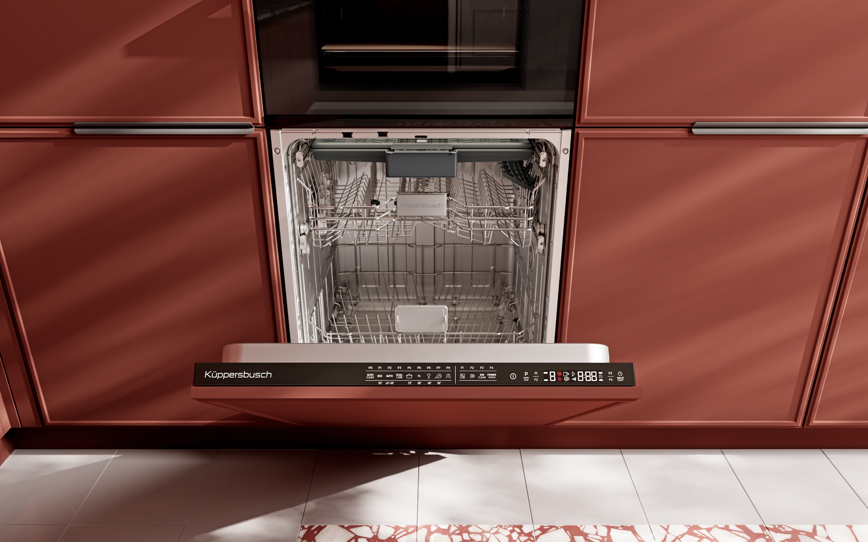 Küppersbusch Geschirrspüler Black Chrome geöffnet onixrote Küchenfronten